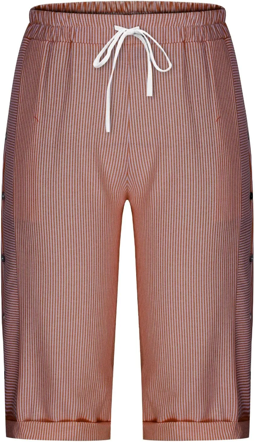 Womens Stripe Print Shorts Summer Knee-Length Casual Bermuda Shorts Lounge Shorts Elastic Waist Side Button Shorts