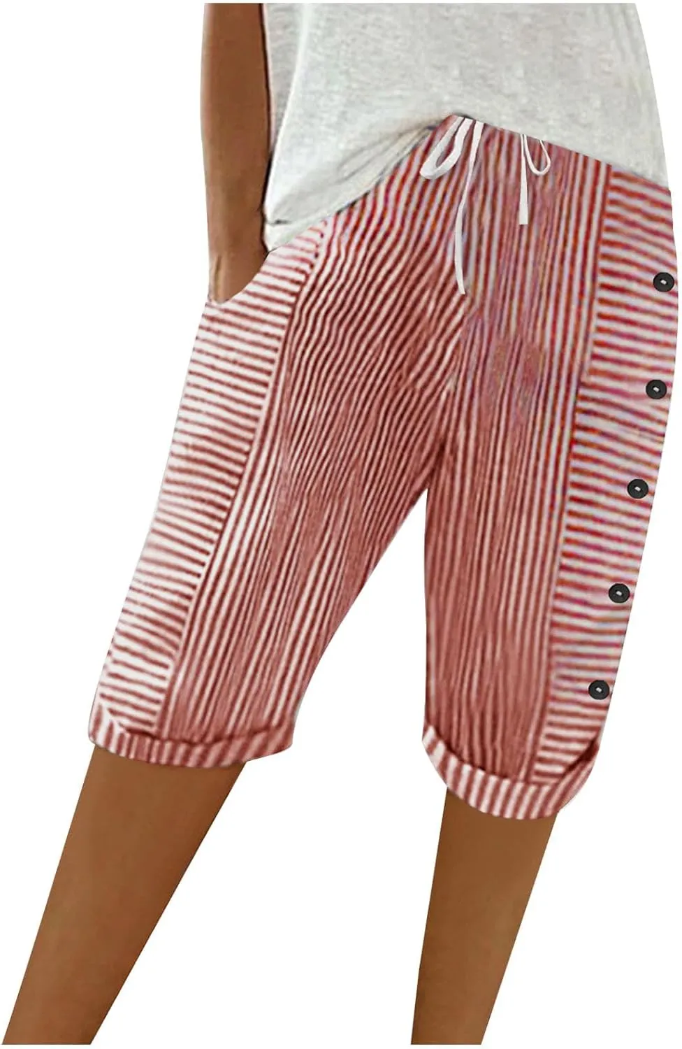 Womens Stripe Print Shorts Summer Knee-Length Casual Bermuda Shorts Lounge Shorts Elastic Waist Side Button Shorts