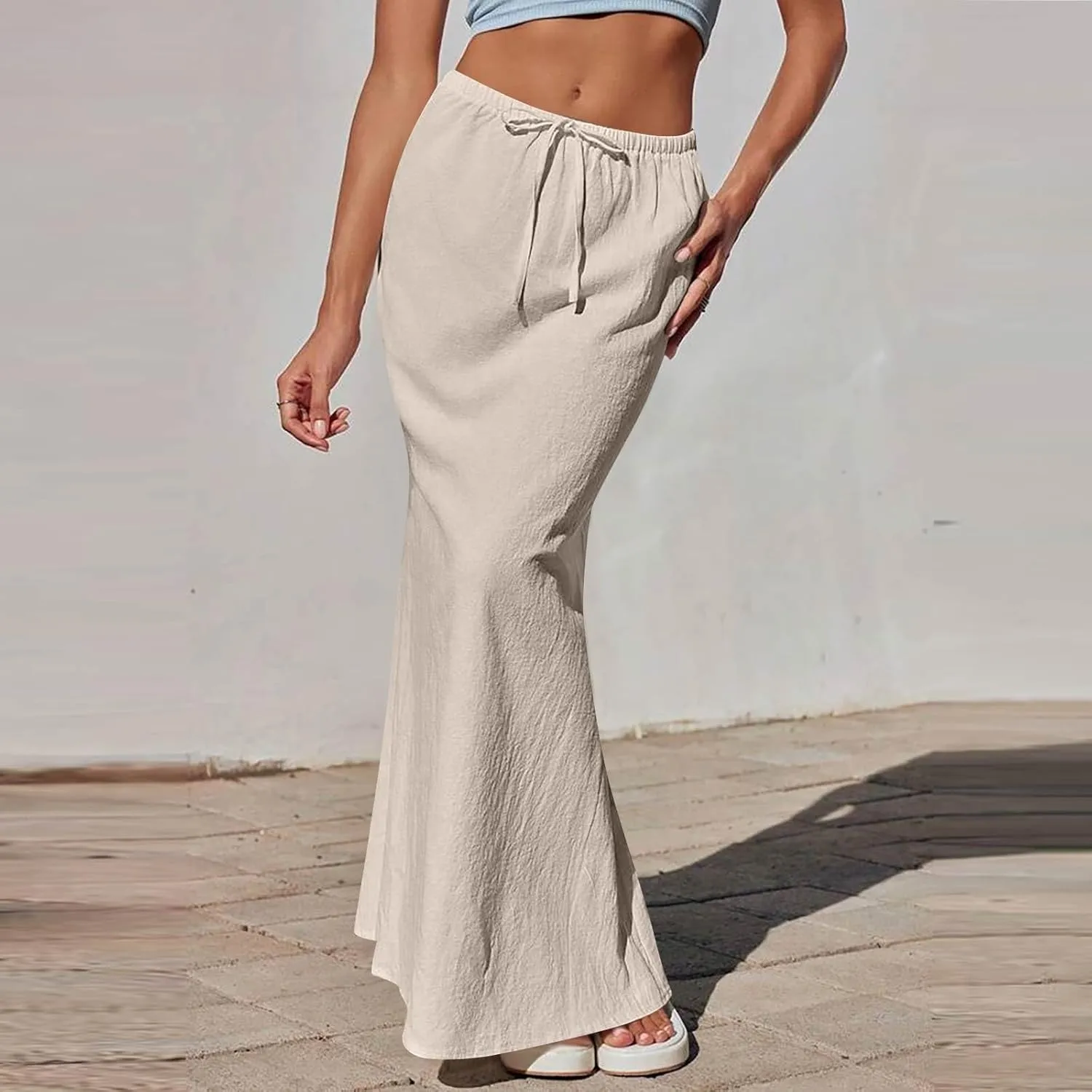 Womens Summer Maxi Skirt Drawstring High Elastic Waist Skirts Linen Flared Skirt Slim Fitted Going Out Casual Midi Skirts