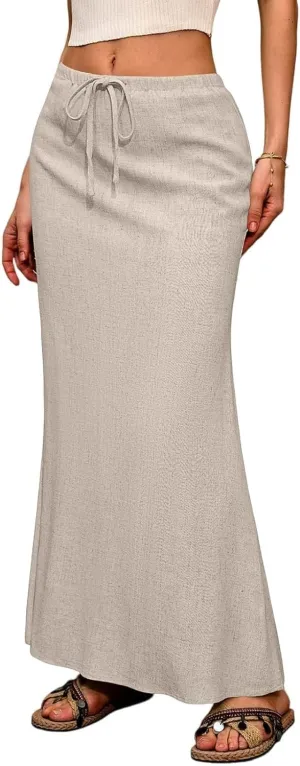 Womens Summer Maxi Skirt Drawstring High Elastic Waist Skirts Linen Flared Skirt Slim Fitted Going Out Casual Midi Skirts