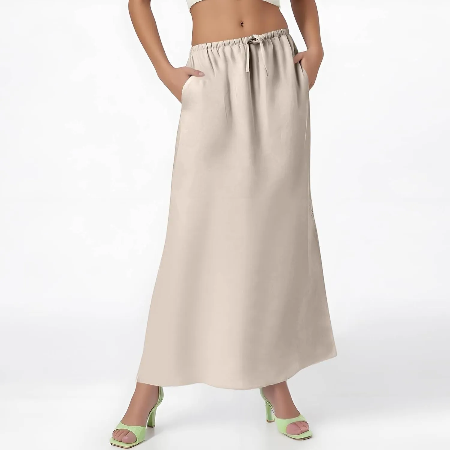 Womens Summer Maxi Skirt Drawstring High Elastic Waist Skirts Linen Flared Skirt Slim Fitted Going Out Casual Midi Skirts