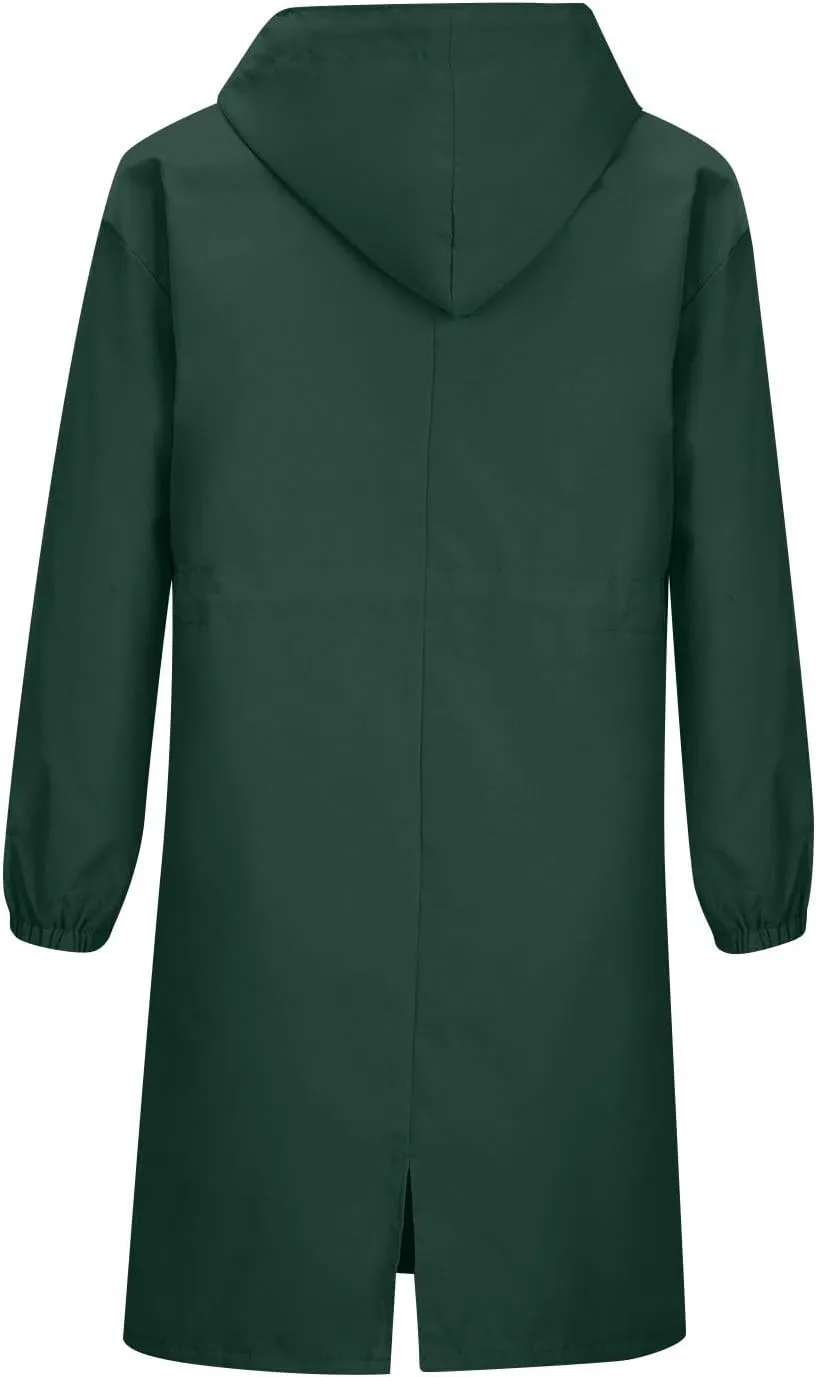 Womens Trench Coat Lightweight Hooded Waterproof Rain Jacket Outdoor Button Down Oversized Windbreaker Outwear