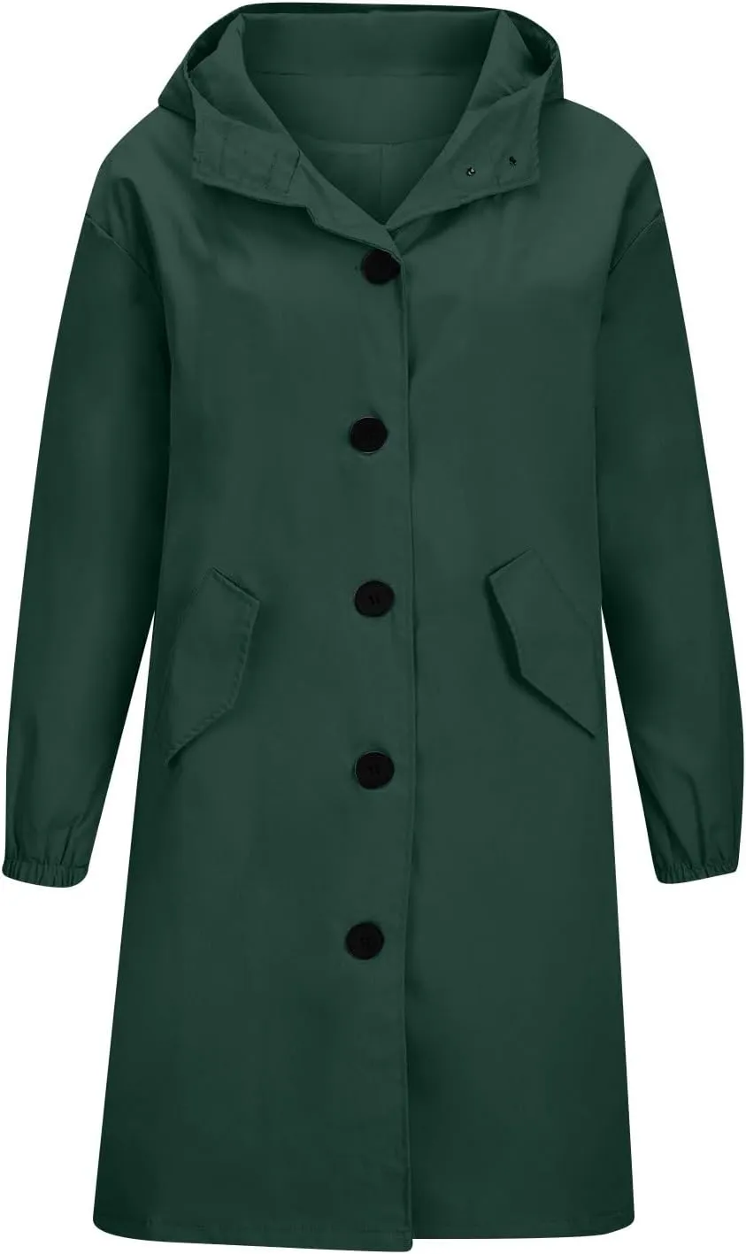Womens Trench Coat Lightweight Hooded Waterproof Rain Jacket Outdoor Button Down Oversized Windbreaker Outwear