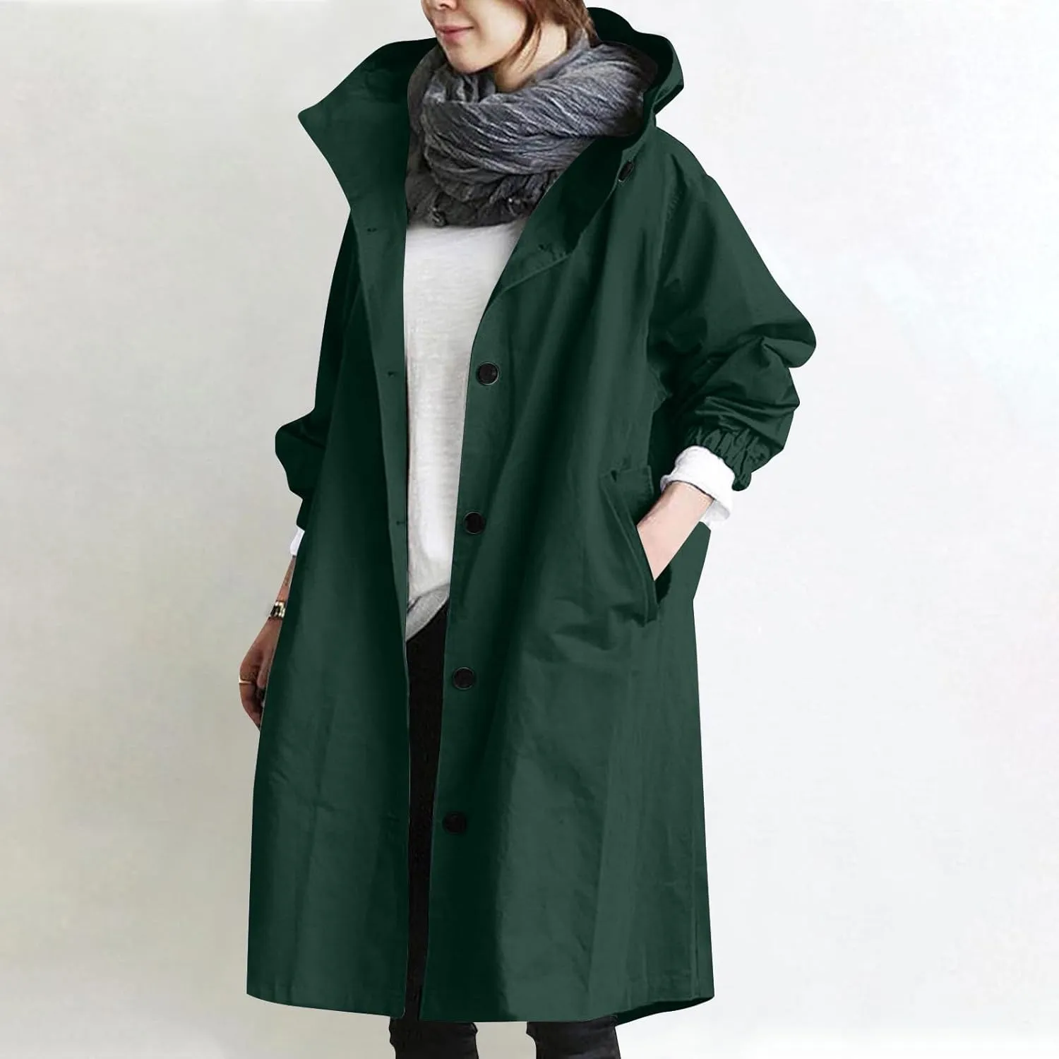 Womens Trench Coat Lightweight Hooded Waterproof Rain Jacket Outdoor Button Down Oversized Windbreaker Outwear
