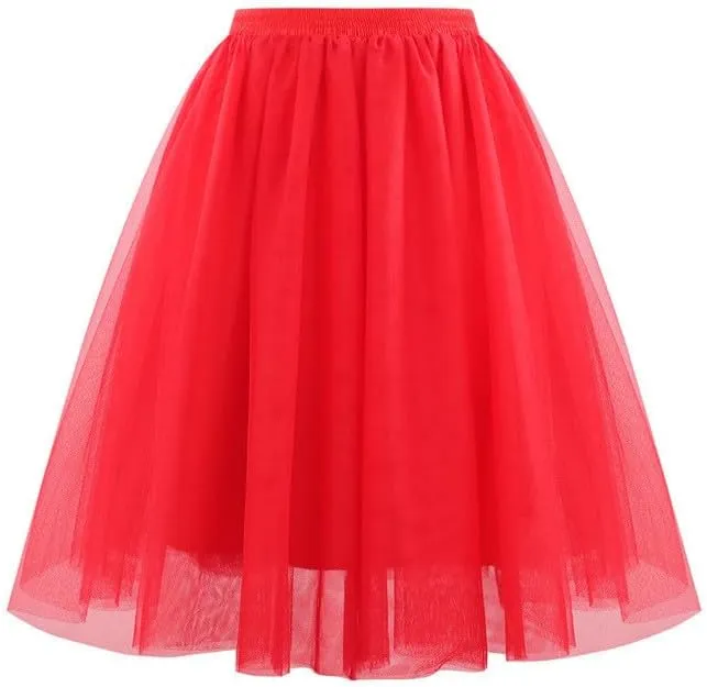 Women's Tulle Skirts Elastic High Waist Pleated Layered Mesh Flowy A-Line Swing Party Midi Long Tutu Skirt