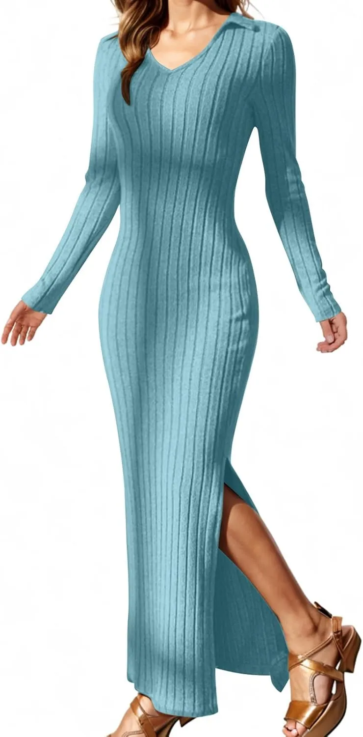 Women's V Neck Long Sleeve Ribbed Sweater Dress Side Split Bodycon Maxi Dress Knit Slim Fit Dresses