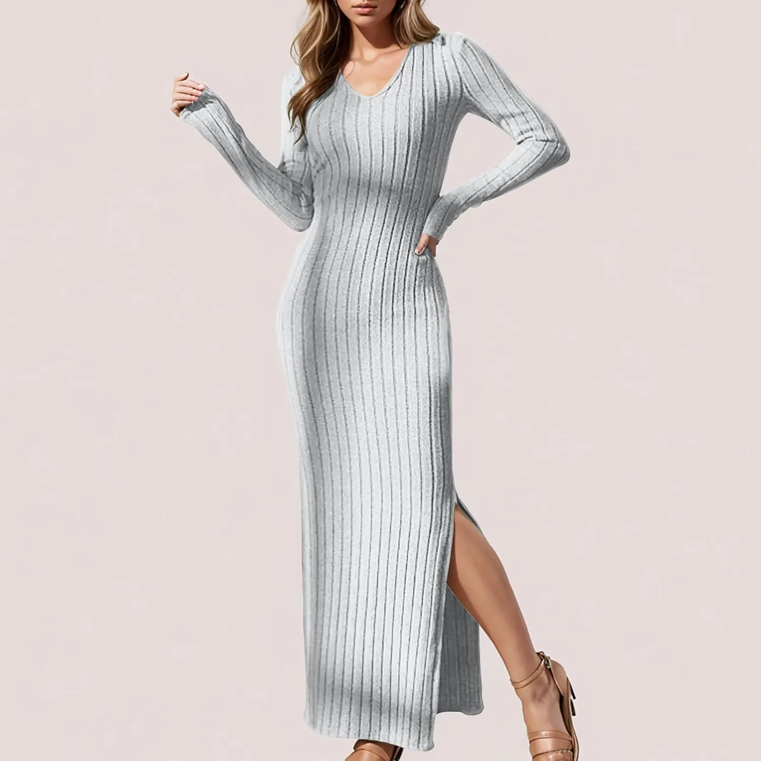 Women's V Neck Long Sleeve Ribbed Sweater Dress Side Split Bodycon Maxi Dress Knit Slim Fit Dresses