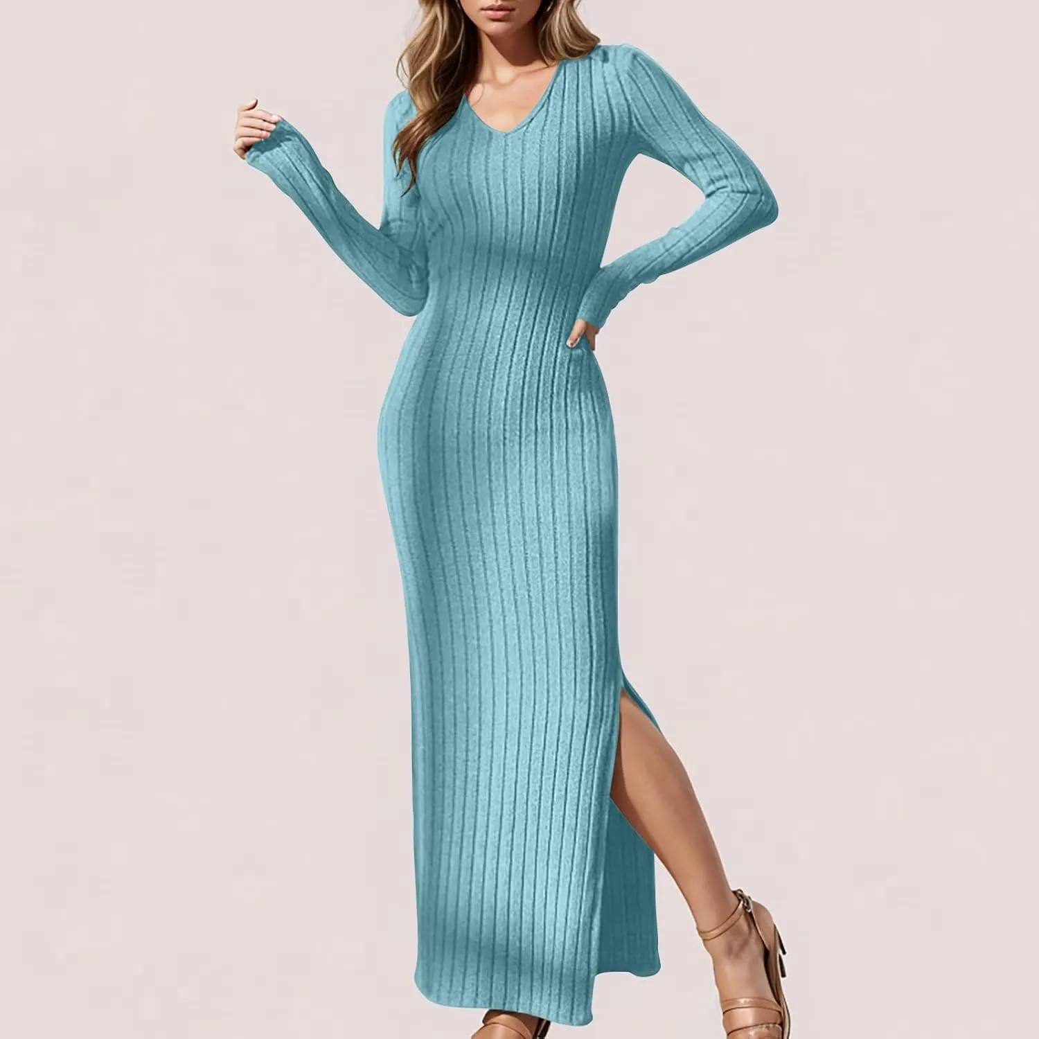 Women's V Neck Long Sleeve Ribbed Sweater Dress Side Split Bodycon Maxi Dress Knit Slim Fit Dresses