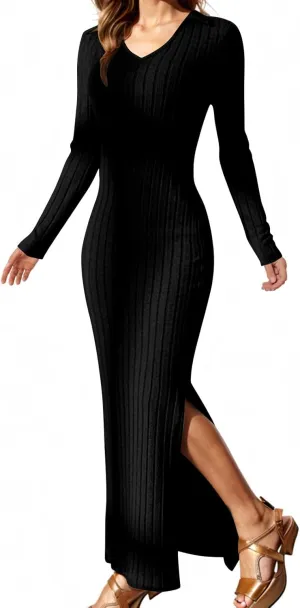 Women's V Neck Long Sleeve Ribbed Sweater Dress Side Split Bodycon Maxi Dress Knit Slim Fit Dresses