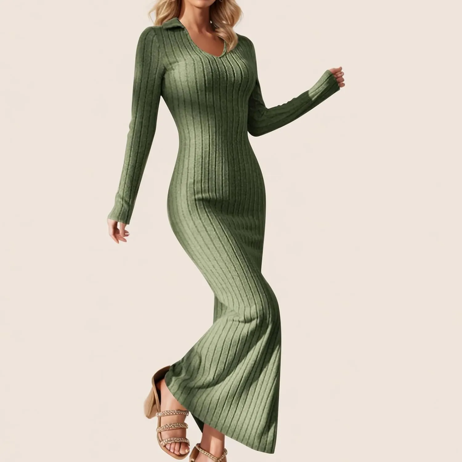 Women's V Neck Long Sleeve Ribbed Sweater Dress Side Split Bodycon Maxi Dress Knit Slim Fit Dresses