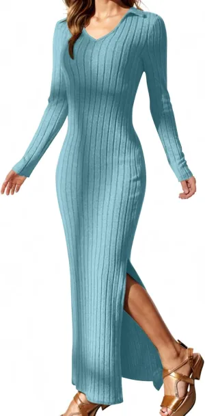 Women's V Neck Long Sleeve Ribbed Sweater Dress Side Split Bodycon Maxi Dress Knit Slim Fit Dresses