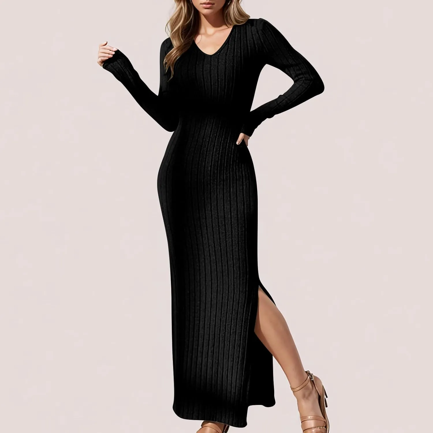Women's V Neck Long Sleeve Ribbed Sweater Dress Side Split Bodycon Maxi Dress Knit Slim Fit Dresses