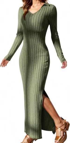 Women's V Neck Long Sleeve Ribbed Sweater Dress Side Split Bodycon Maxi Dress Knit Slim Fit Dresses