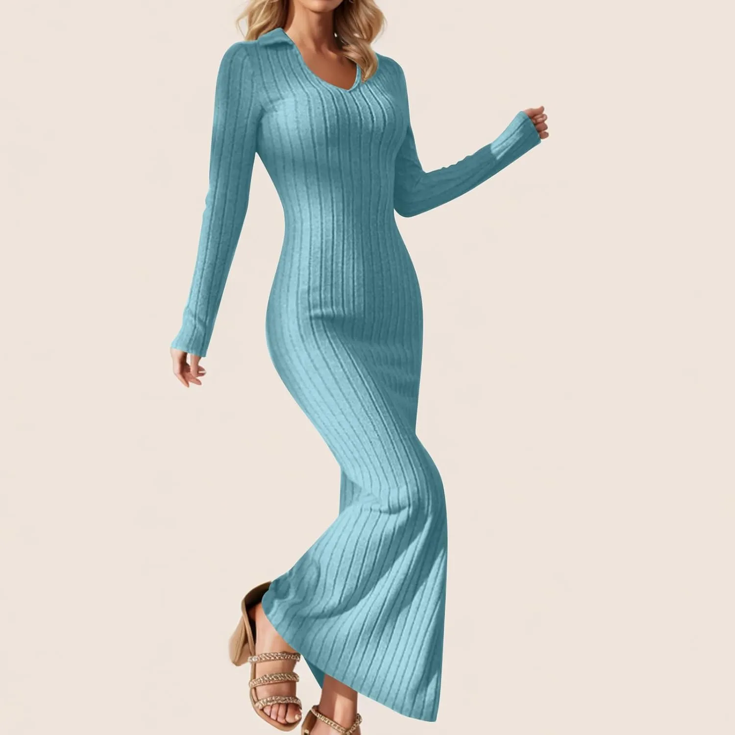 Women's V Neck Long Sleeve Ribbed Sweater Dress Side Split Bodycon Maxi Dress Knit Slim Fit Dresses