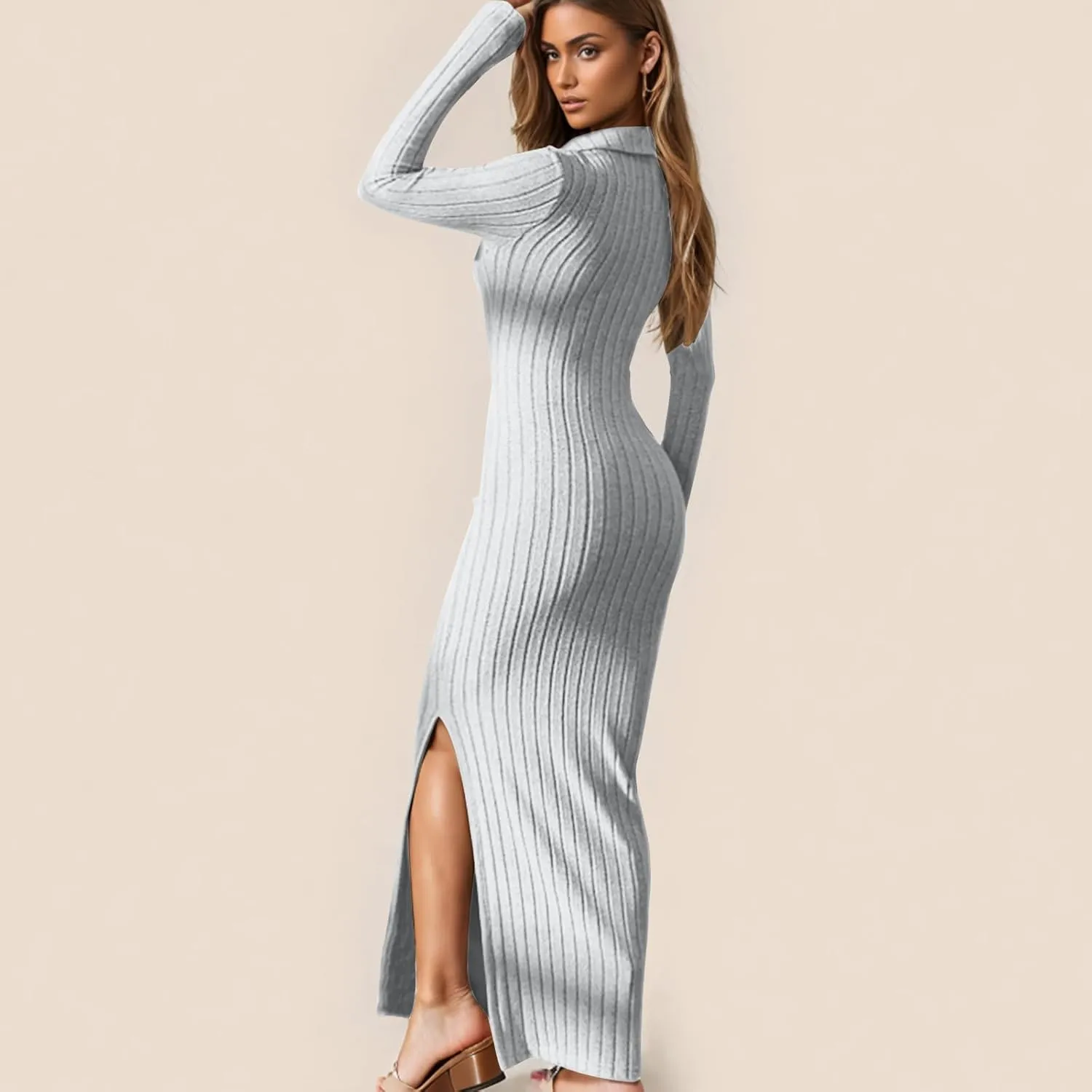 Women's V Neck Long Sleeve Ribbed Sweater Dress Side Split Bodycon Maxi Dress Knit Slim Fit Dresses
