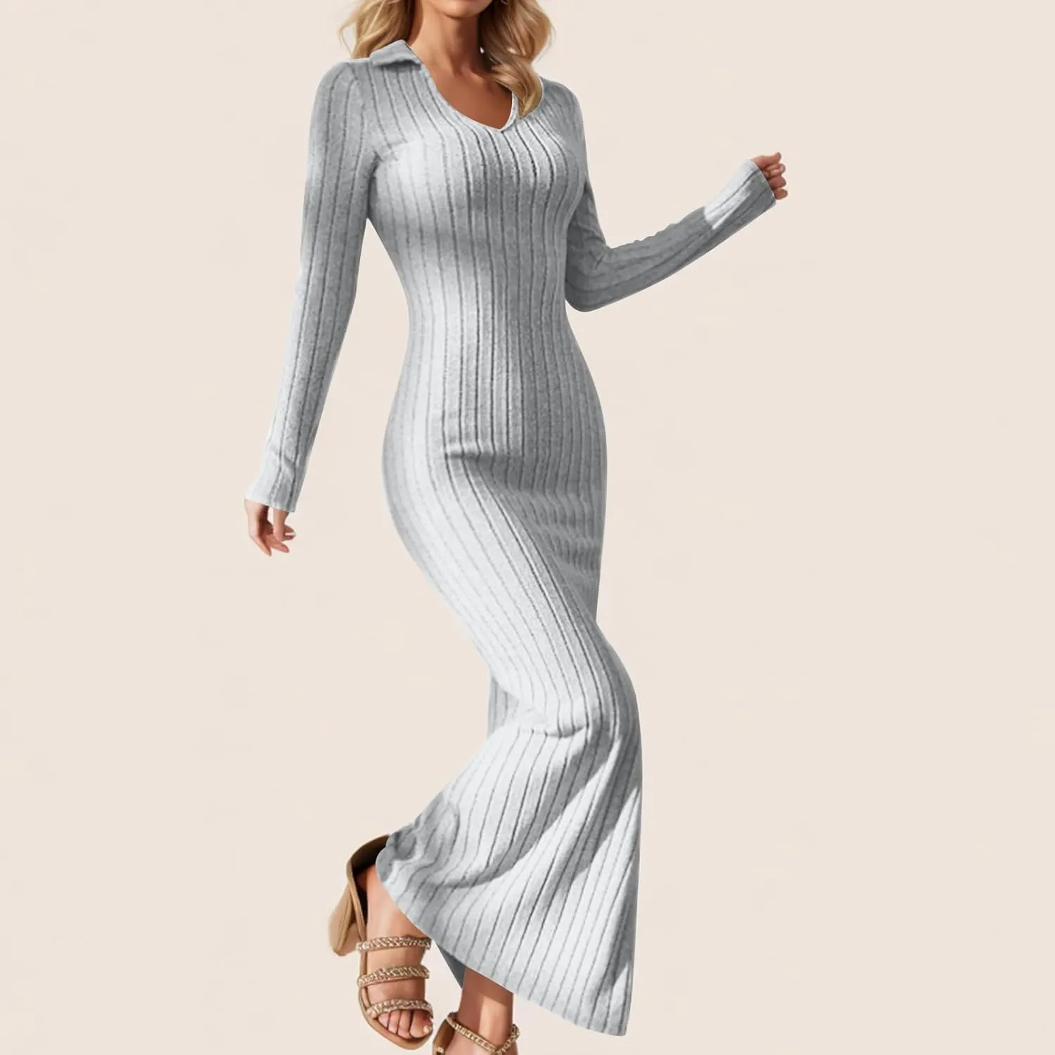 Women's V Neck Long Sleeve Ribbed Sweater Dress Side Split Bodycon Maxi Dress Knit Slim Fit Dresses
