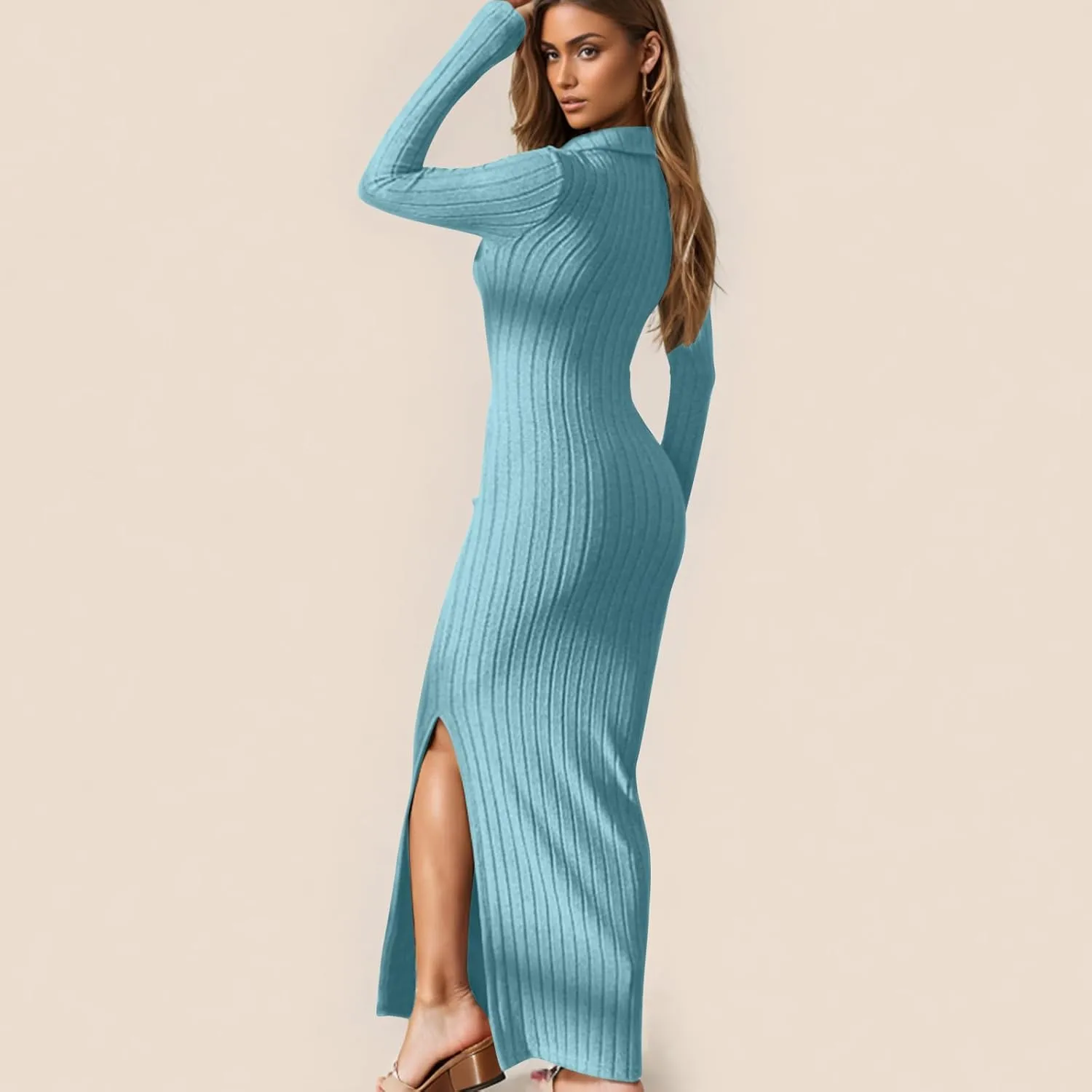 Women's V Neck Long Sleeve Ribbed Sweater Dress Side Split Bodycon Maxi Dress Knit Slim Fit Dresses