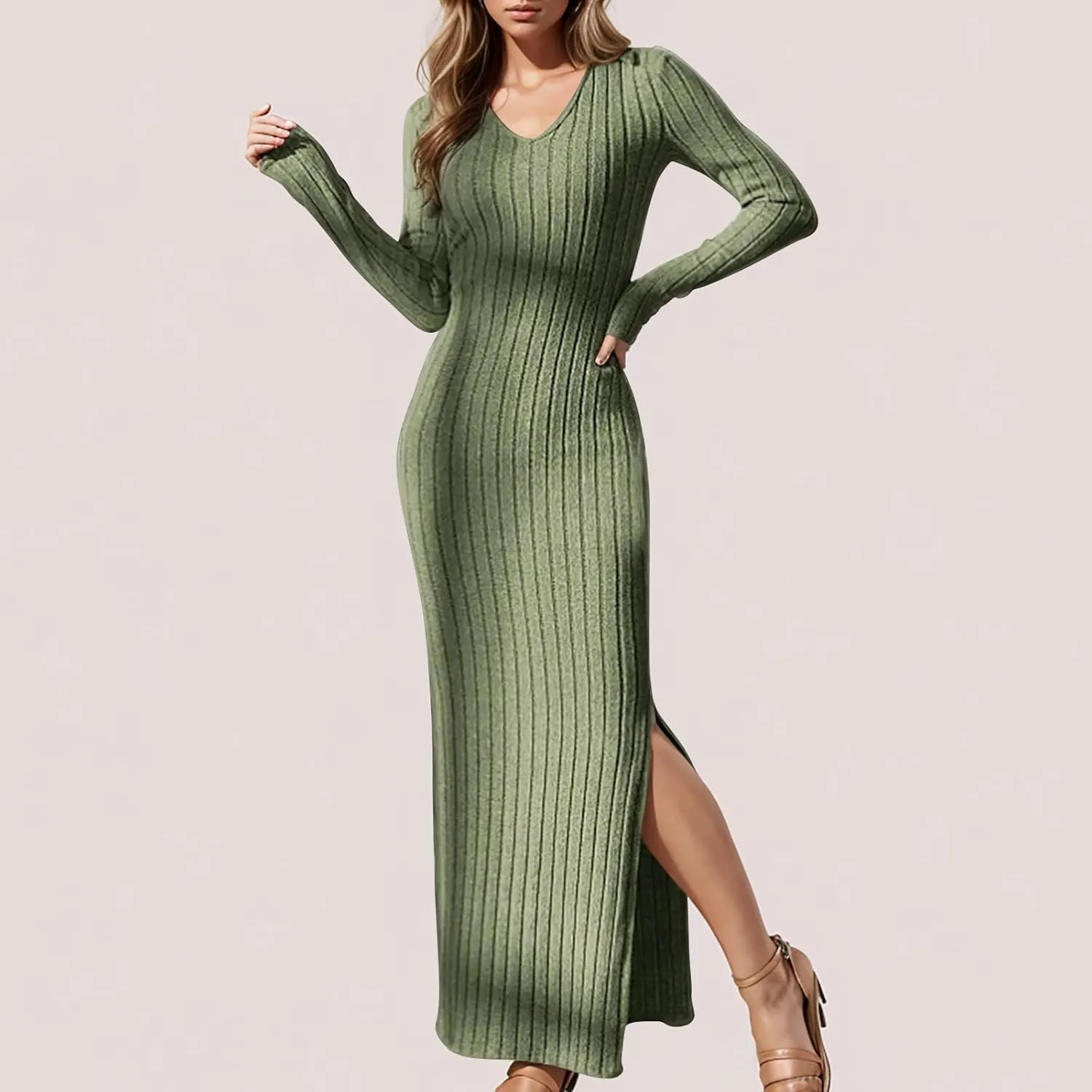 Women's V Neck Long Sleeve Ribbed Sweater Dress Side Split Bodycon Maxi Dress Knit Slim Fit Dresses
