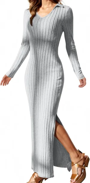 Women's V Neck Long Sleeve Ribbed Sweater Dress Side Split Bodycon Maxi Dress Knit Slim Fit Dresses