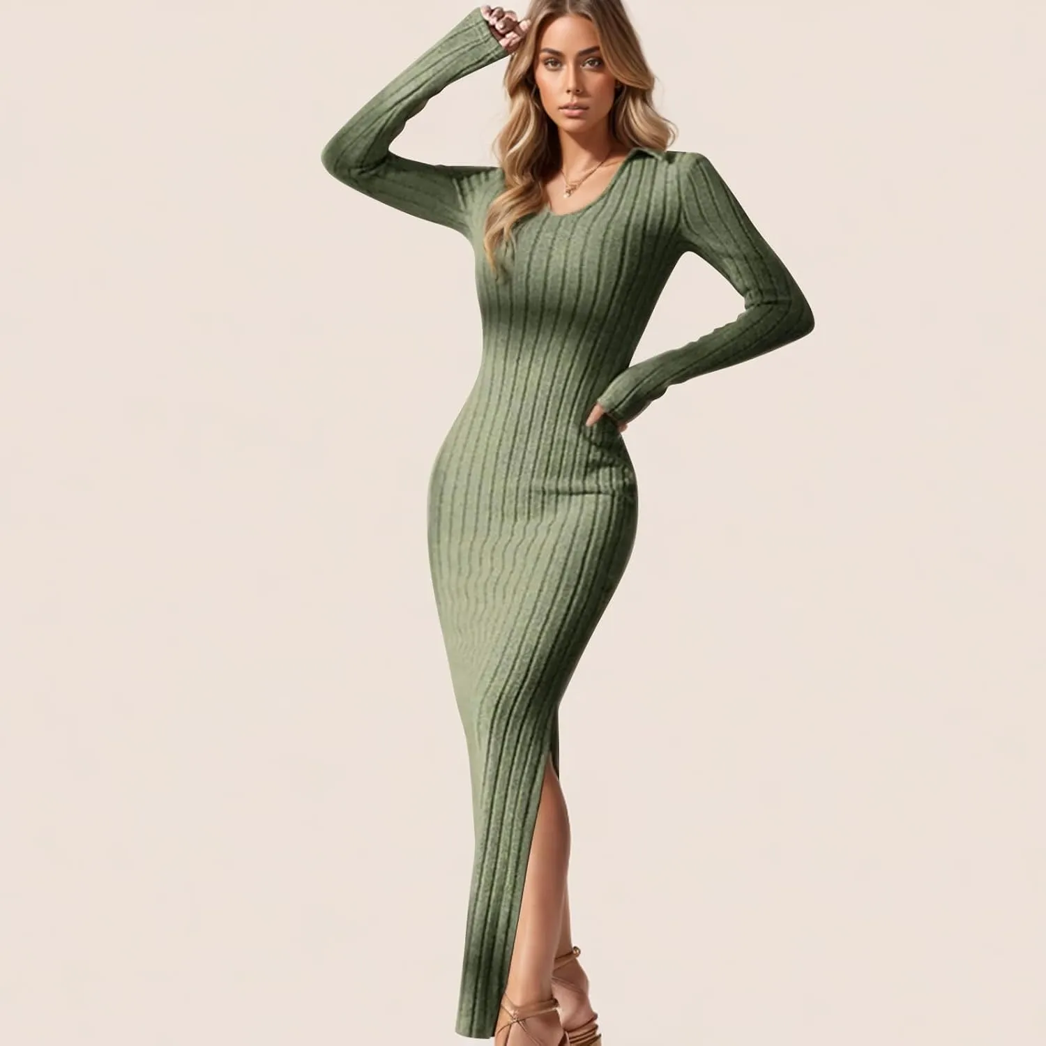 Women's V Neck Long Sleeve Ribbed Sweater Dress Side Split Bodycon Maxi Dress Knit Slim Fit Dresses