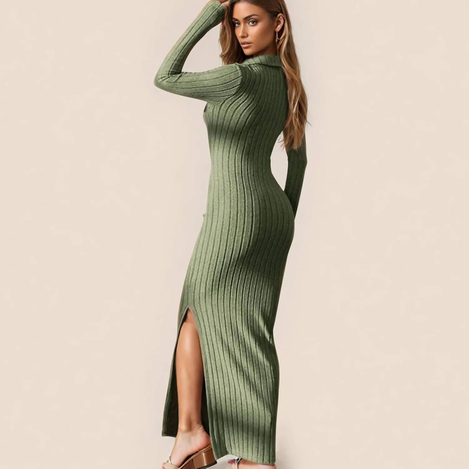 Women's V Neck Long Sleeve Ribbed Sweater Dress Side Split Bodycon Maxi Dress Knit Slim Fit Dresses
