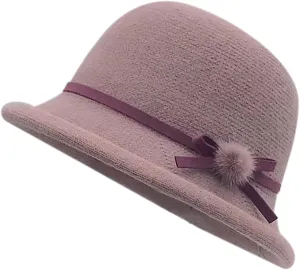 Womens Winter Church 1920s Bowler Bucket Hat Vintage Felt Cloche Cap Winter Floral Fedora Bow Pompom Bowler Hats