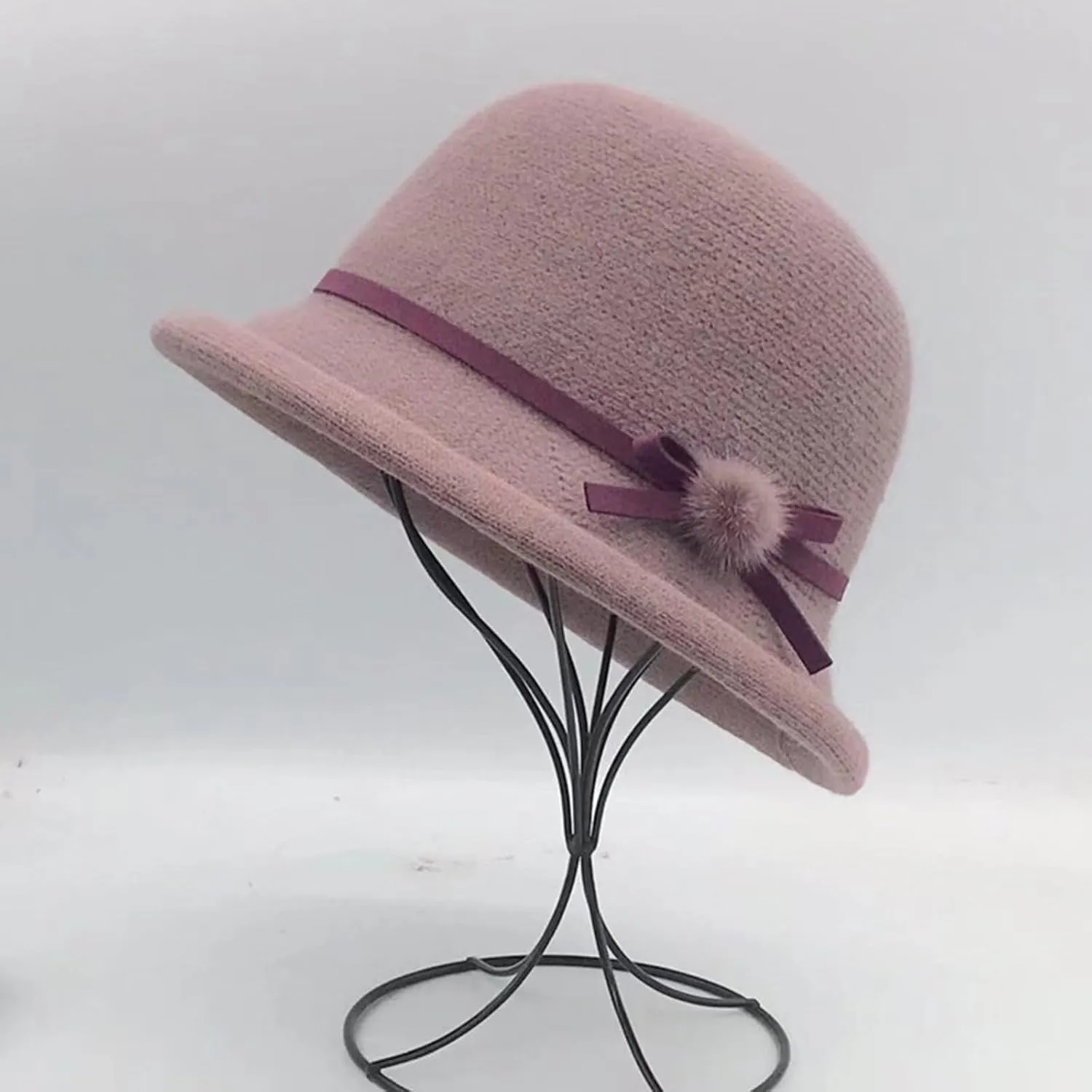 Womens Winter Church 1920s Bowler Bucket Hat Vintage Felt Cloche Cap Winter Floral Fedora Bow Pompom Bowler Hats