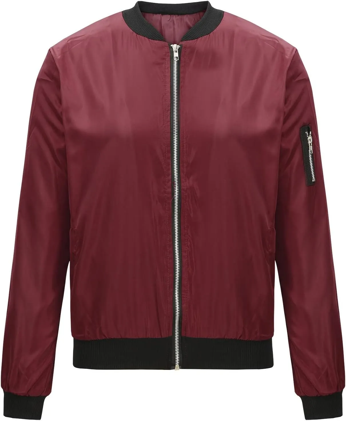 Womens Zipper Bomber Jacket Without Hood Casual Windbreaker Flight Coat Zip Up Textured Jacket with Pocket