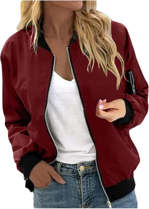 Womens Zipper Bomber Jacket Without Hood Casual Windbreaker Flight Coat Zip Up Textured Jacket with Pocket