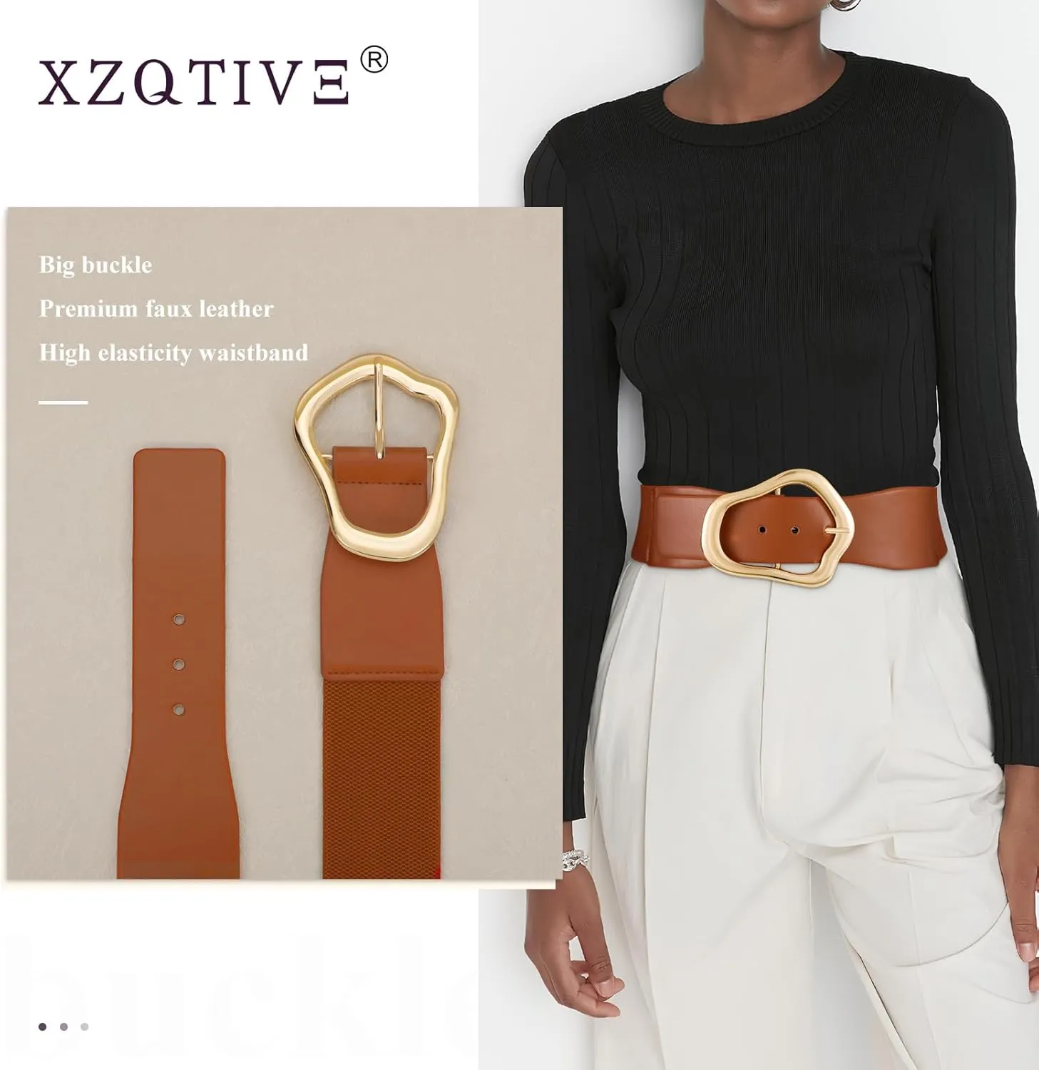 XZQTIVE Women Wide Elastic Waist Belt for Dresses Fashion Big Gold Buckle Stretchy Leather Waistband for Ladies