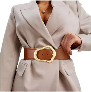 XZQTIVE Women Wide Elastic Waist Belt for Dresses Fashion Big Gold Buckle Stretchy Leather Waistband for Ladies