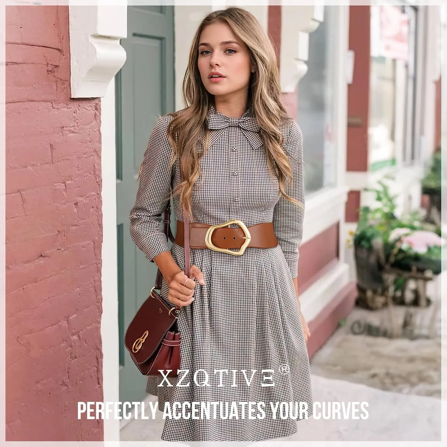 XZQTIVE Women Wide Elastic Waist Belt for Dresses Fashion Big Gold Buckle Stretchy Leather Waistband for Ladies