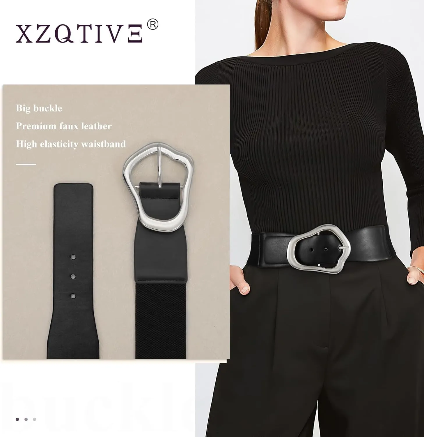 XZQTIVE Women Wide Elastic Waist Belt for Dresses Fashion Big Gold Buckle Stretchy Leather Waistband for Ladies