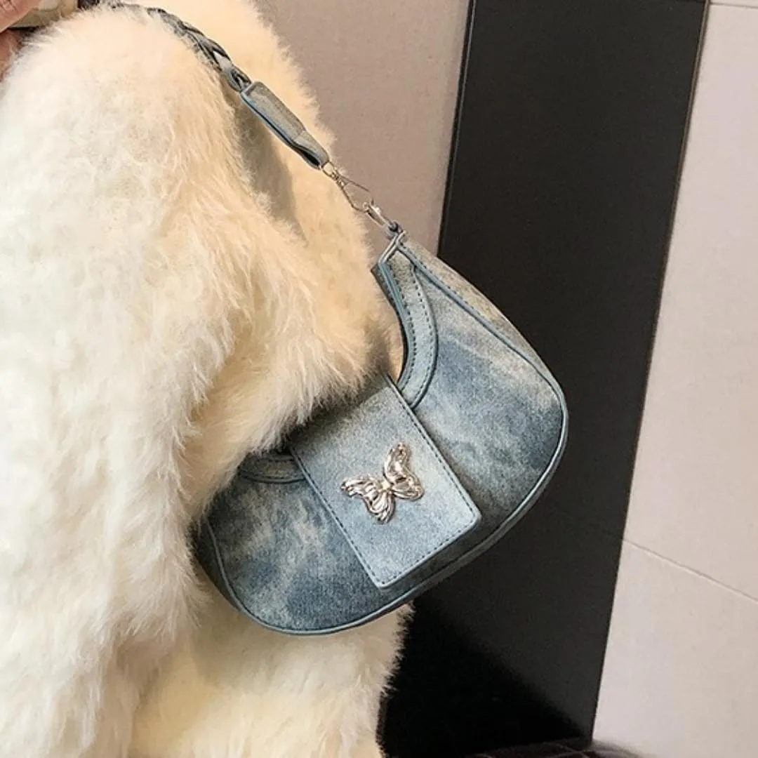 Y2K Aesthetic Shoulder Bag for Women Butterfly Punk Purse One Shoulder Crescent Dumpling Bag Small Crossbody Bagjavascript: