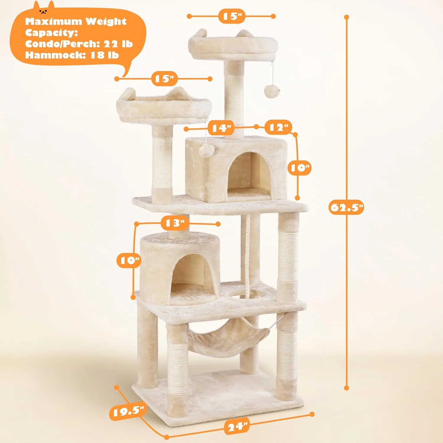 Yaheetech 62.5inches Cat Tree Cat Tower Kitten Condo with Platform & Hammock, Scratching Posts for Kittens Pet Play House with Plush Perch for Indoor Activity Relaxing, Beige