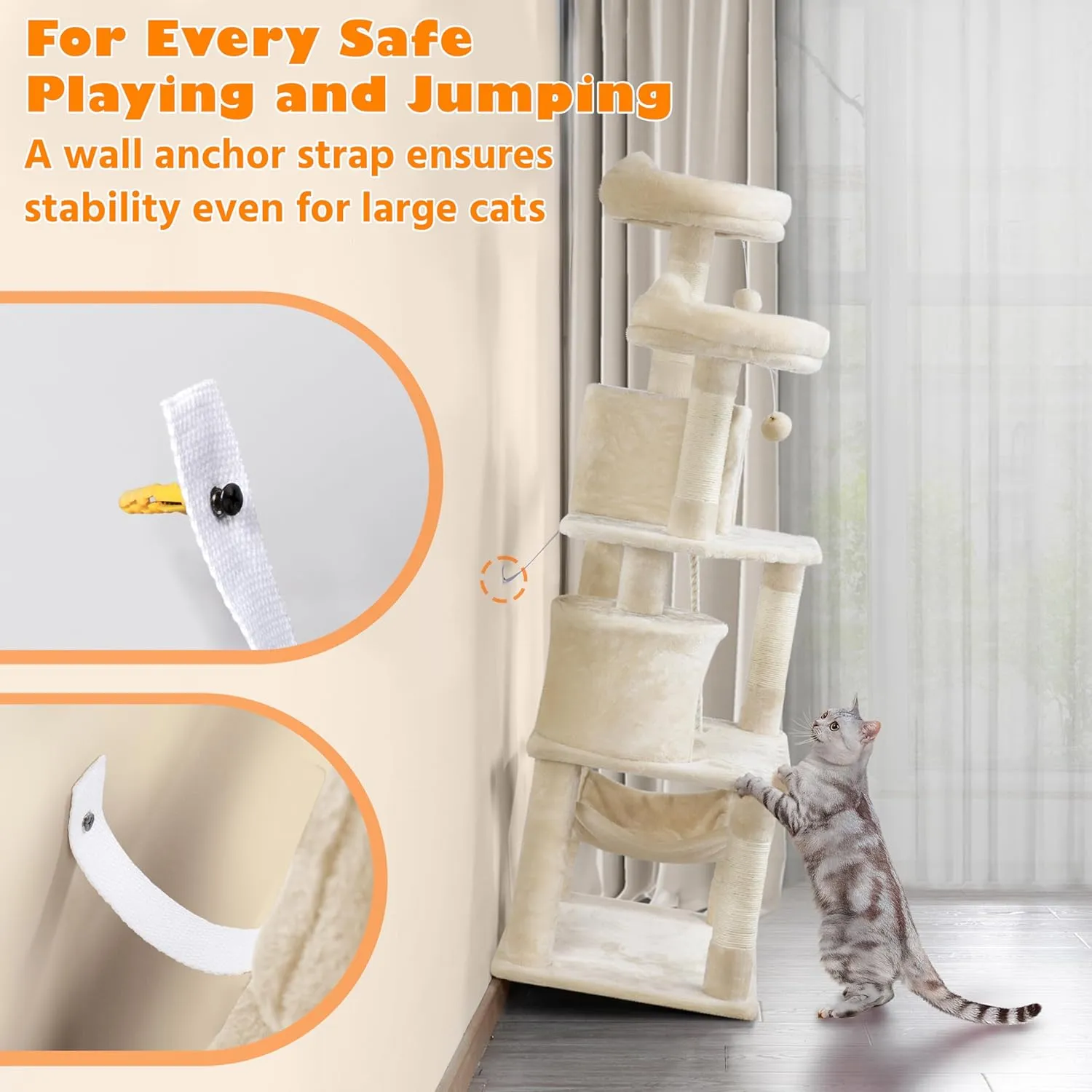 Yaheetech 62.5inches Cat Tree Cat Tower Kitten Condo with Platform & Hammock, Scratching Posts for Kittens Pet Play House with Plush Perch for Indoor Activity Relaxing, Beige