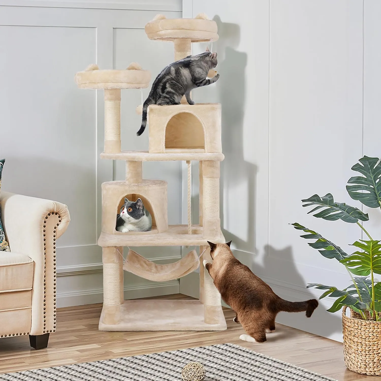 Yaheetech 62.5inches Cat Tree Cat Tower Kitten Condo with Platform & Hammock, Scratching Posts for Kittens Pet Play House with Plush Perch for Indoor Activity Relaxing, Beige