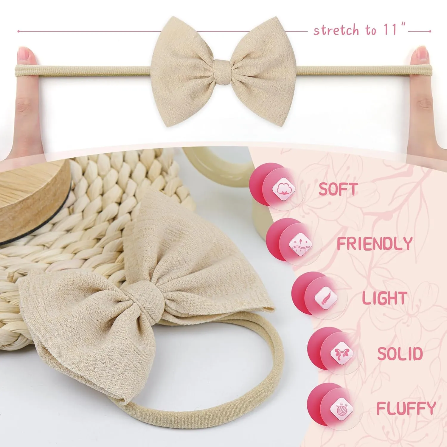 YanJie Baby Girls 4.5" Nylon Headbands, Handmade Hair Bows Hairbands Hair Accessories for Newborn Infant Toddlers Kids, 3 Pieces, Light Pink/White/Beige