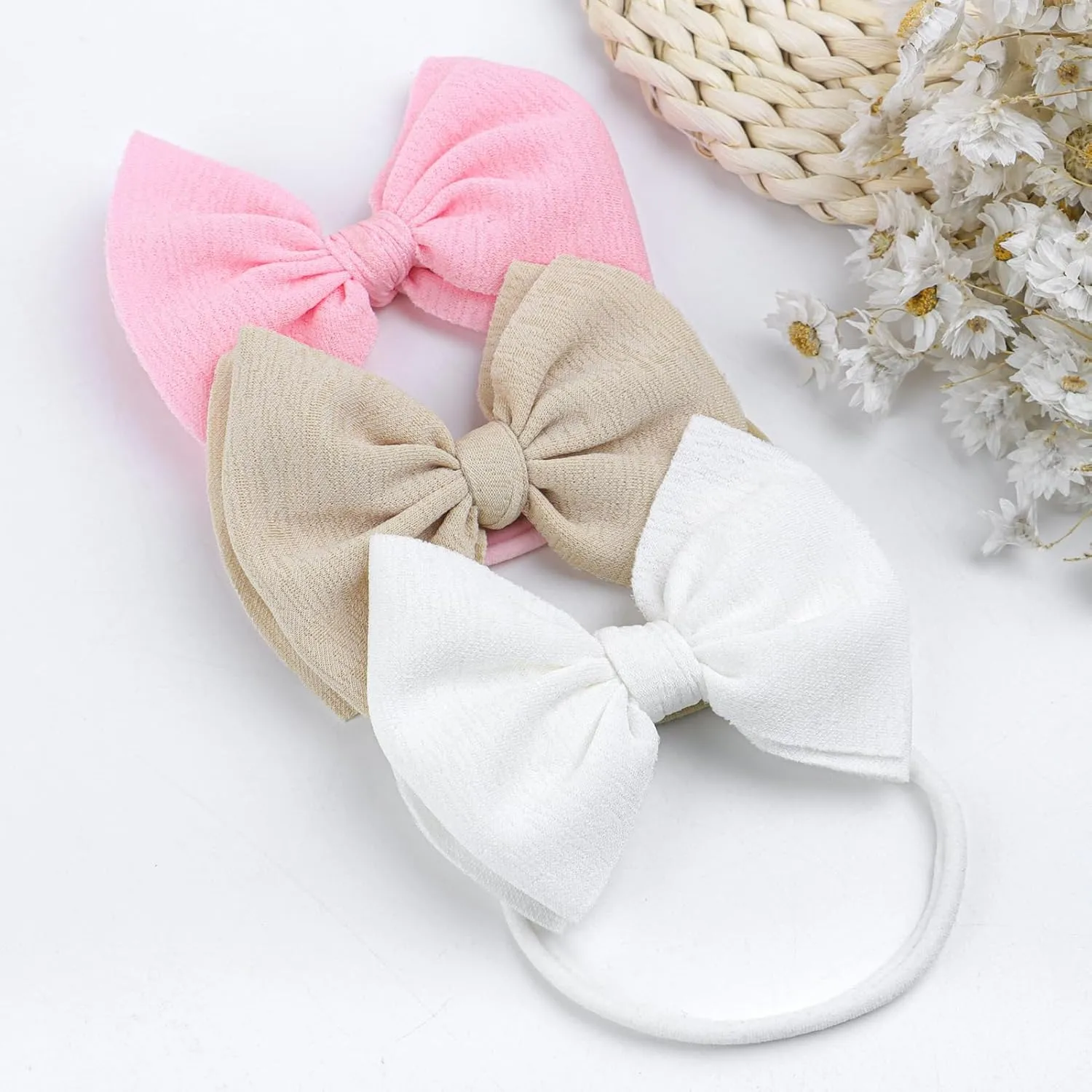 YanJie Baby Girls 4.5" Nylon Headbands, Handmade Hair Bows Hairbands Hair Accessories for Newborn Infant Toddlers Kids, 3 Pieces, Light Pink/White/Beige
