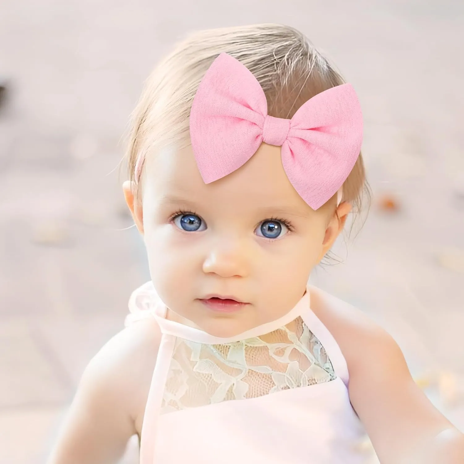 YanJie Baby Girls 4.5" Nylon Headbands, Handmade Hair Bows Hairbands Hair Accessories for Newborn Infant Toddlers Kids, 3 Pieces, Light Pink/White/Beige
