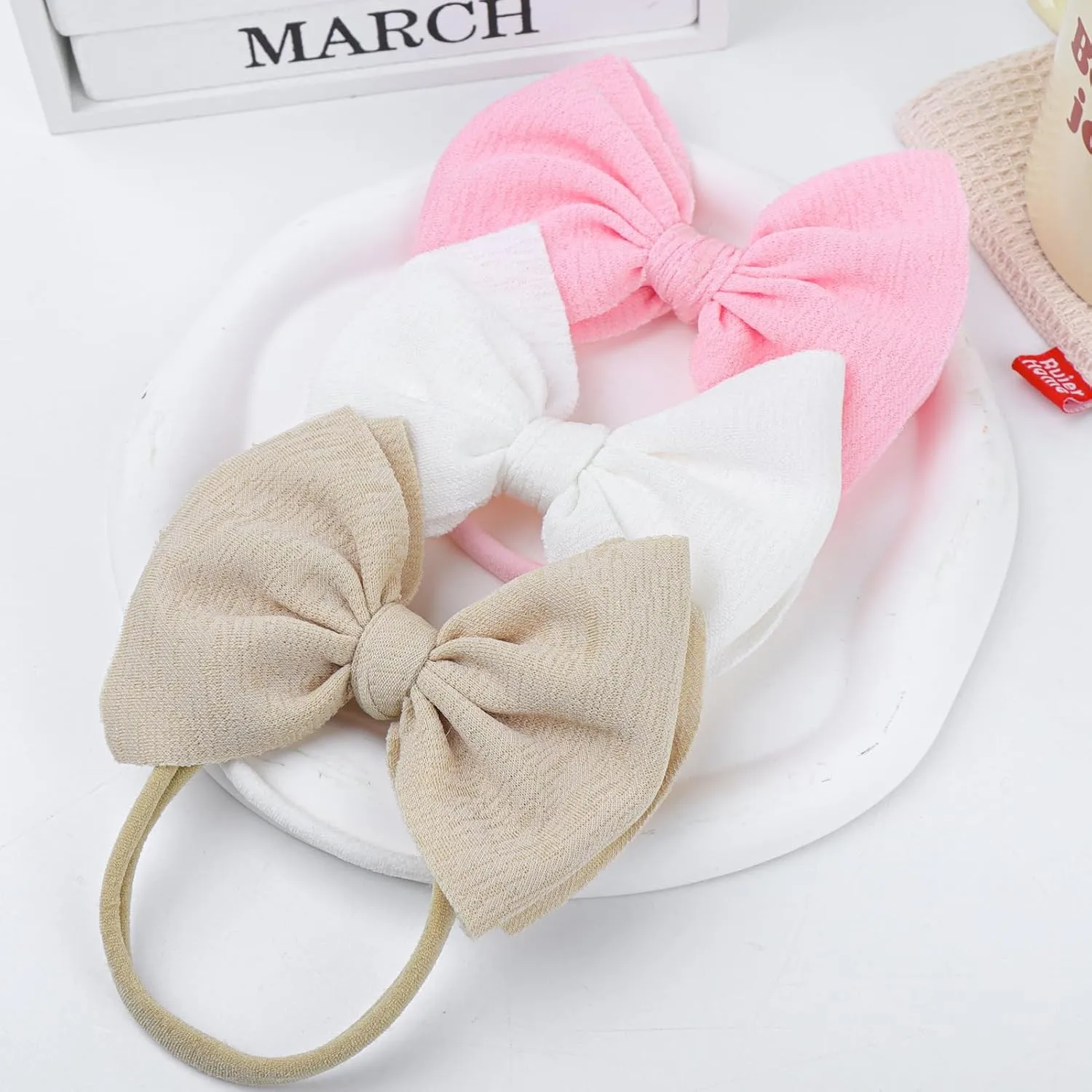 YanJie Baby Girls 4.5" Nylon Headbands, Handmade Hair Bows Hairbands Hair Accessories for Newborn Infant Toddlers Kids, 3 Pieces, Light Pink/White/Beige