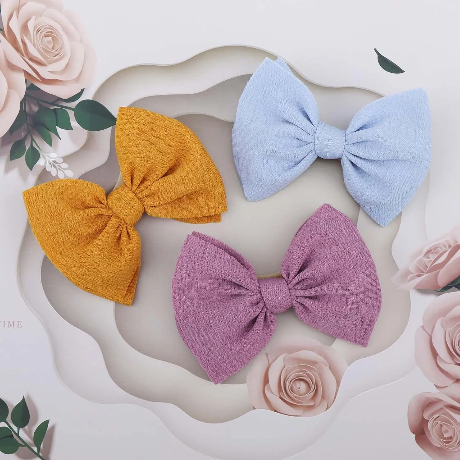 YanJie Baby Girls Nylon Headbands Newborn Bows Handmade Hair Bows Hairbands Hair Accessories for Newborn Infant Toddlers Kids(Gold Blue Dusty Rose)