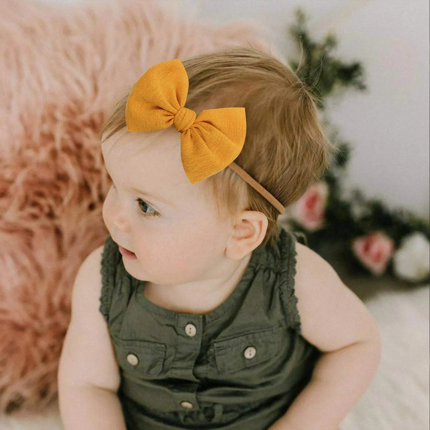 YanJie Baby Girls Nylon Headbands Newborn Bows Handmade Hair Bows Hairbands Hair Accessories for Newborn Infant Toddlers Kids(Gold Blue Dusty Rose)