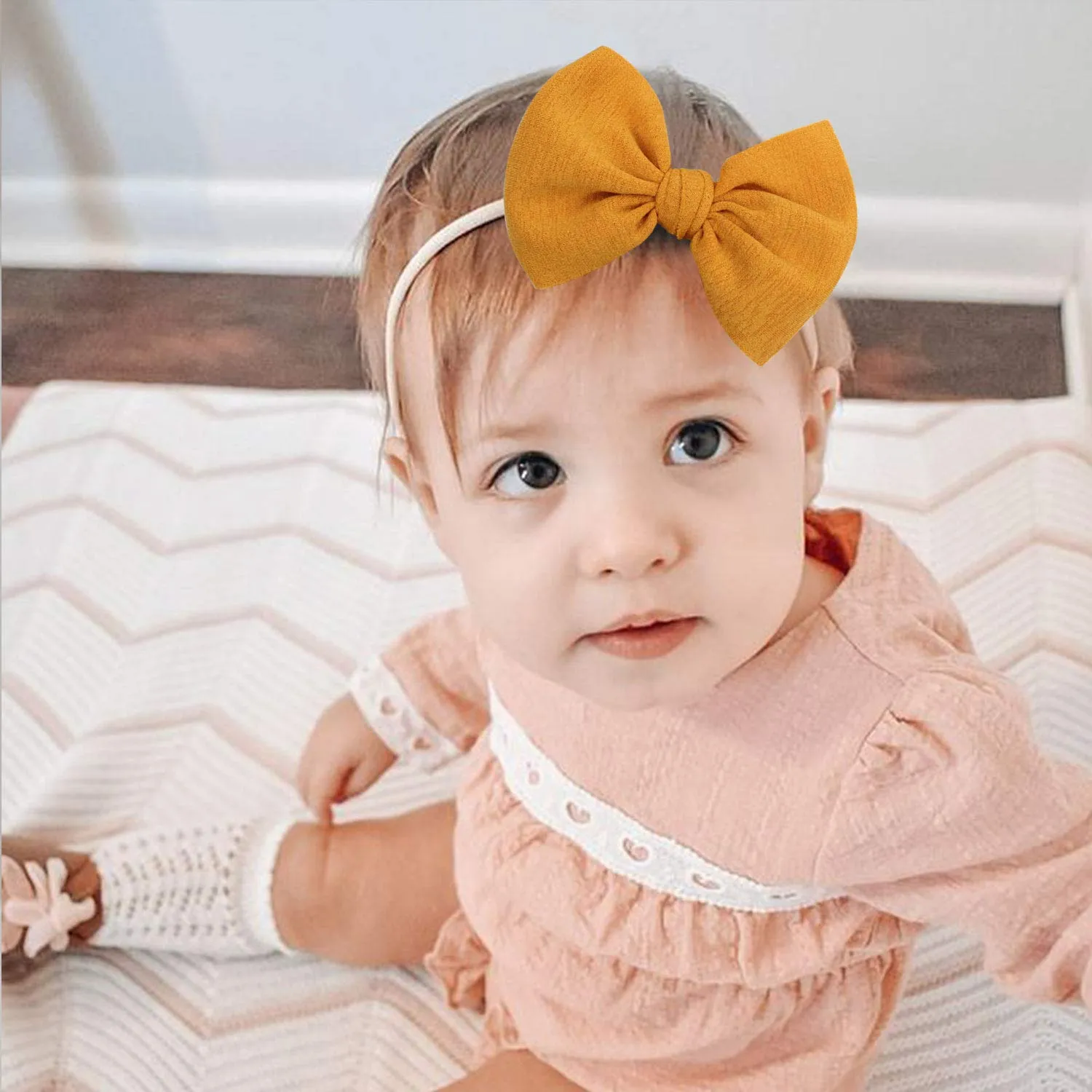 YanJie Baby Girls Nylon Headbands Newborn Bows Handmade Hair Bows Hairbands Hair Accessories for Newborn Infant Toddlers Kids(Gold Blue Dusty Rose)