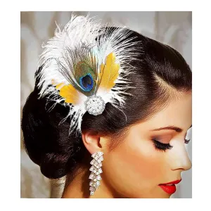 Yokawe 1920s Peacock Feather Hair clip Flapper Fascinators White Pearl Gatsby Hair Accessories for Women