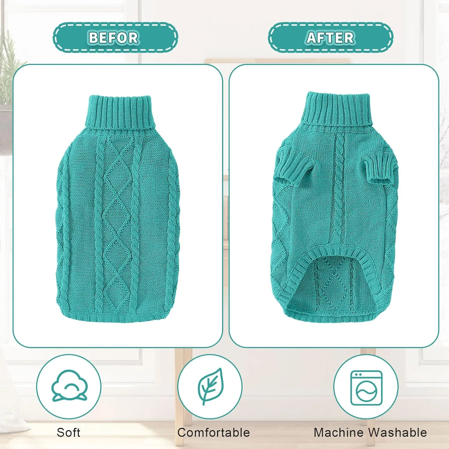 Yuehuam Small Dog & Cat Sweater, Winter Puppy Pullover Cable Knit Turtleneck Thick Warm Clothes for Small Dog, Puppy, Kitten, Cat Apparel