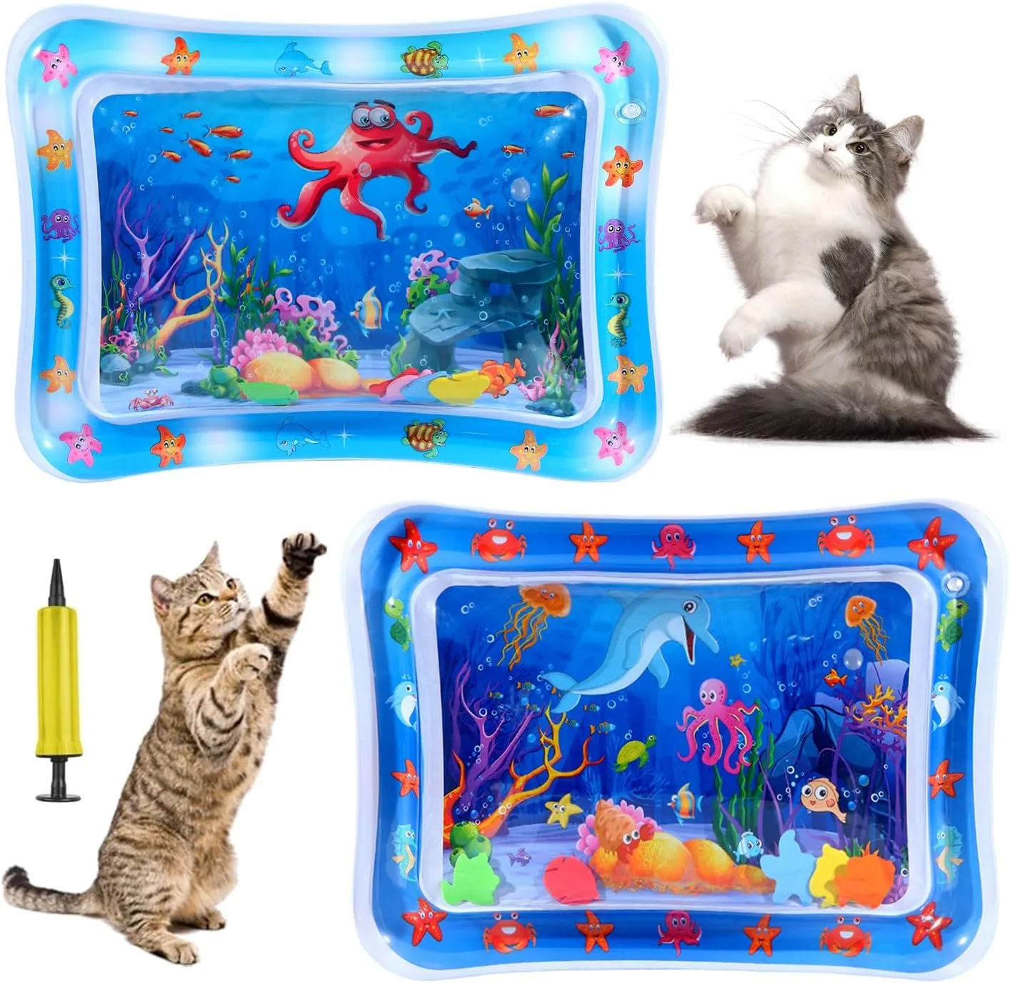 YumSur 2 Pack Water Sensory Play Mat for Cat, Upgraded Thickened Dog Water Play Mat with PVC Scratch, Anti-Scratch Design Pet Water Mat for Bored Indoor Cats, Cat Interactive Toys with Inflator