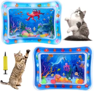 YumSur 2 Pack Water Sensory Play Mat for Cat, Upgraded Thickened Dog Water Play Mat with PVC Scratch, Anti-Scratch Design Pet Water Mat for Bored Indoor Cats, Cat Interactive Toys with Inflator